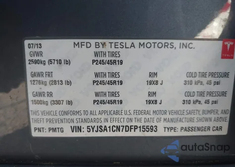 2013 Tesla Model S z USA, uszkodzony, nr VIN 5YJSA1CN7DFP15593
